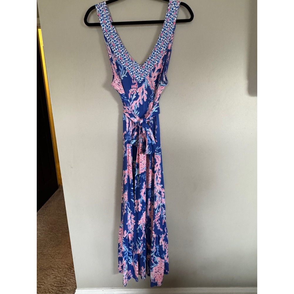 Lilly Pulitzer Women's Madsen Midi‎ Dress Borealis Blue Coral V-Neck $198 XXL